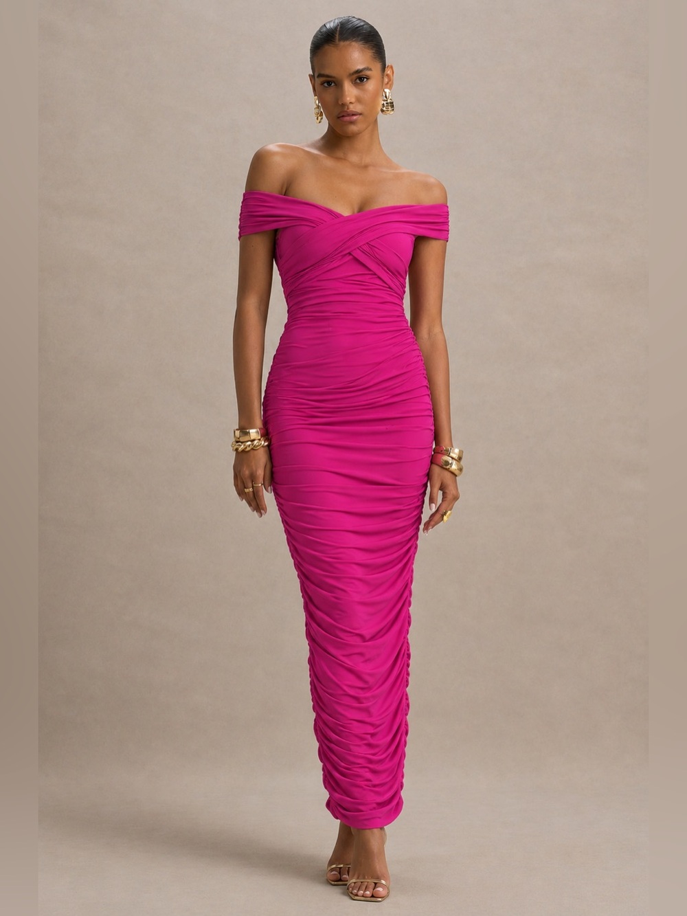 Club L London Off-Shoulder Ruched Maxi Dress Fuchsia date night cocktail meshki